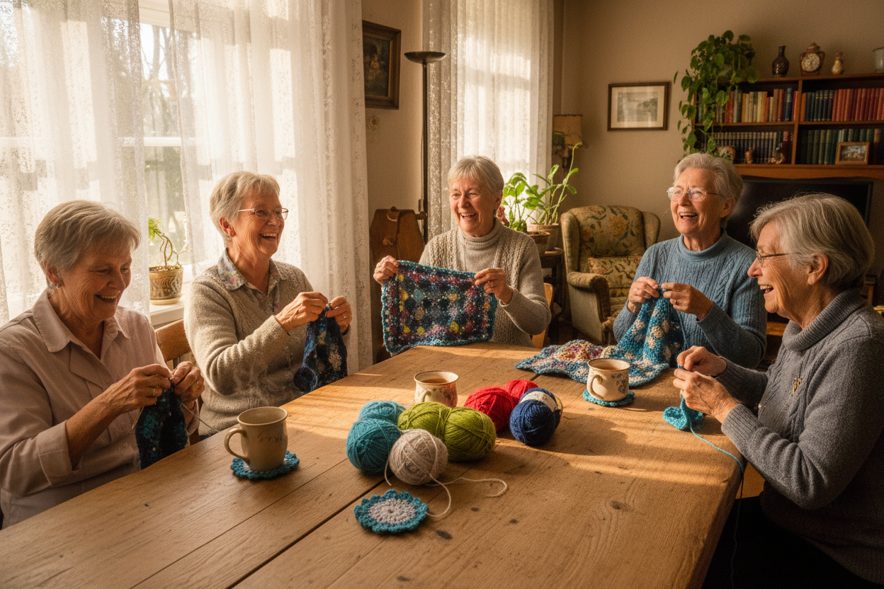 "A group of elderly German women, aged 60 and above, happily crocheting together around a rustic wooden table.
They are smiling, laughing, and interacting warmly. The atmosphere is cozy and inviting, with soft natural light coming through a window, perhaps some yarn balls scattered on the table, and warm drinks. Emphasize joy, community, and the beauty of handmade crafts. Photorealistic style, warm lighting."